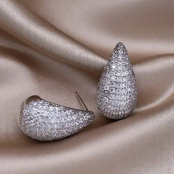 Silver Zircon Water Drop Earrings Luxury Exquisite Tear White Gold Plated G… - Picture 8 of 10